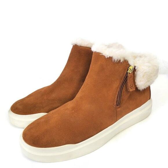 Cole Haan Shoes - Cole Haan Grand Wateproof Brown Suede Ankle Boot Faux Fur Trim Side Zip 10.5 B